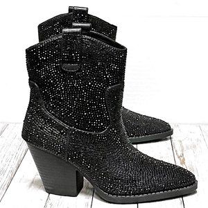 New Women Black Blingy Rhinestone Cowboy Western Ankle Boots Booties